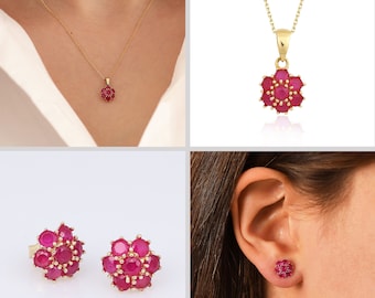 Hexagon Flower Red Ruby Necklace | 14k Gold Honeycomb Red Ruby Dainty Pendant Gold Chain | July Birthstone Gem, Handmade Wedding Jewelry Set