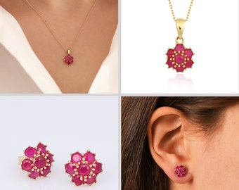 Sechseck Blume Rot Rubin Halskette | 14k Gold Waben roter Rubin zierliche Anhänger Goldkette | Juli Geburtsstein Edelstein, handgemachte Hochzeit Schmuck Set