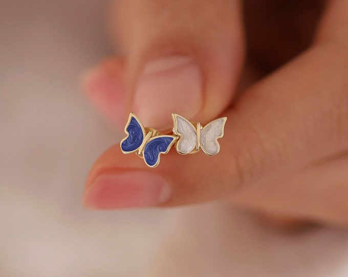 Pink Butterfly Shaped Earring | 14k Gold Butterfly Stud Earrings, Colorful Enamel Butterfly Earrings, Dainty Minimal Earrings, Gift for Her