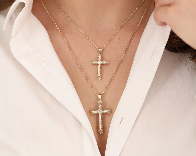14k Gold Puffy Crucifix Necklace | Bold Cross Pendant, Chic Christian Jewelry, Religious Gift, Gift for Seniors, Gift for Mom, Gift for Her