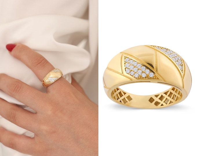 14k Gold Stripe Bold Ring | Textured Fore Finger Ring, Chunky Wide Ring, Chic Statement Jewelry, Anniversary Gift, Mom Gift, Gift for Her