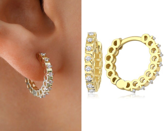 14k Gold Surface Prong Setting Hoop Earrings | Full Eternity CZ Gemstone Gold Circle Earrings, Huggie Earrings, Birthday Gift, Gift for Her