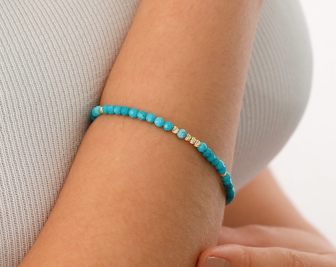 14k Gold Turquoise Stone Bracelet | Natural Stone Bracelet, Aqua Blue Layering Bracelet, December Birthstone, Zodiac Jewelry, Birthday Gift