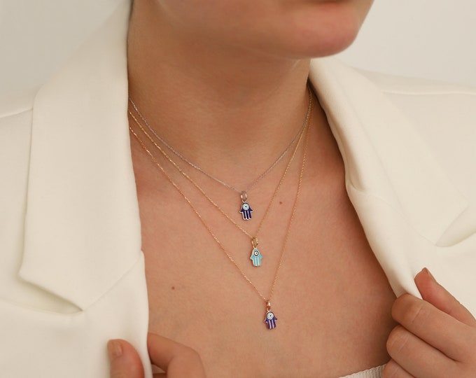 Dainty Gold Hamsa Necklace | 14k Gold Hand of Fatima Pendant, Turquoise & Dark Blue Evil Eye Protection Talisman Charm, Handmade Jewelry