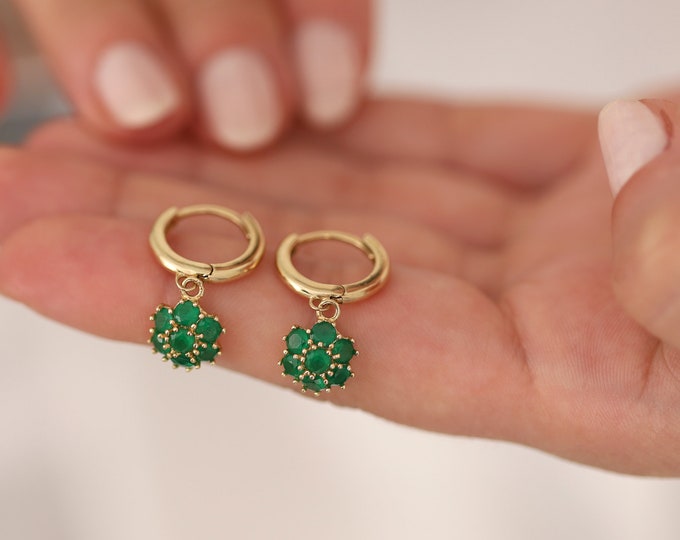 14k Gold Emerald Hexagon Flower Dangle Earrings | Honeycomb Green Emerald Stud Earrings, May Birthstone, Genuine Gemstone, Gift for Her