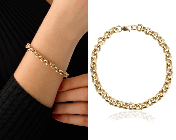 14k Gold 7.5mm Belcher Bracelet | Heavy Rolo Link Bracelet, Bold Round Chain, Classy Stacking Jewelry, Anniversary Gift, Gift for Women