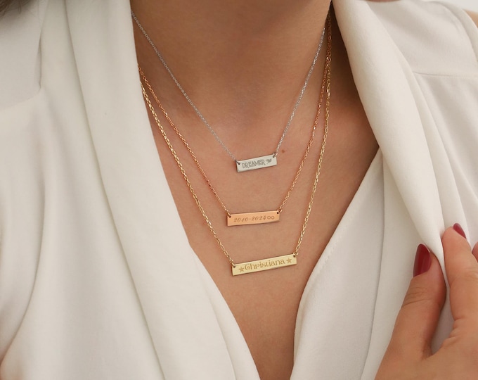 14k/10k Gold Horizontal Bar Necklace | Engraved Name, Date, Icon Plate Necklace, Simple Gift Idea, Personal Gift, Gift for Children & Kids