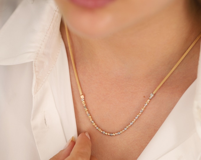 14K Gold Franco Mesh Chain & Laser Cut Beaded Necklace | Italian Chain Necklace with Faceted Dorica Ball, Gift for Women, Anniversary Gift