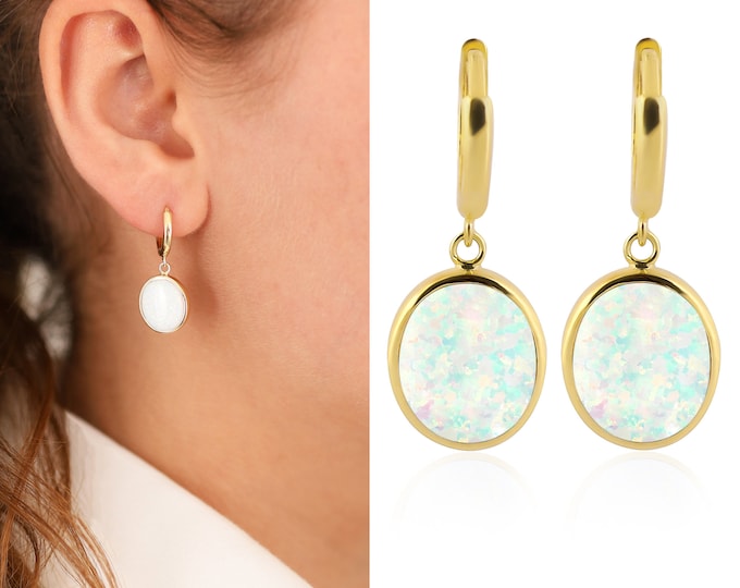 14k Gold White Opal Drop Earrings, Handmade Jewelry set, October Birthstone, Hope Stone, Dainty Blue Opal Earrings, Birthday Gift, Libra Gem