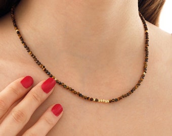 14k Gold Tiger Eye Beaded Necklace | June Birthstone Necklace
