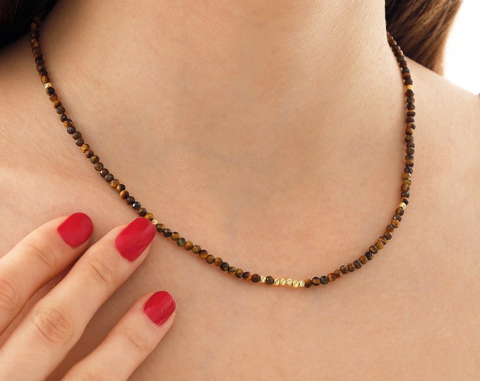 Tiger Eye Necklace with 14k Gold Dorica Bead | Natural Stone Beaded Necklace, Protection Gemstone Necklace, Gemini Birthstone, Birthday Gift