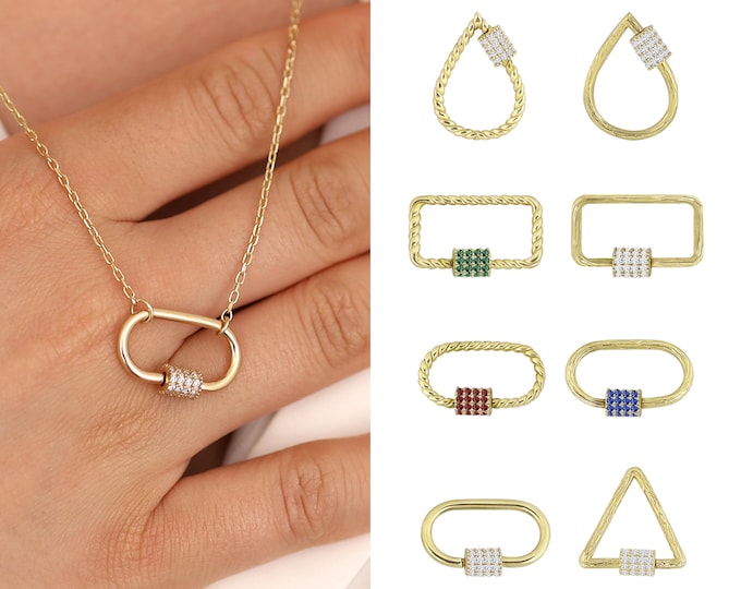 14k Gold Carabiner Clasp w/ Diamonds | Carabiner Pendant, Necklace Clasp, Chain Enhancer w/ Emerald, Ruby, Sapphire Gemstones, Gift for Her