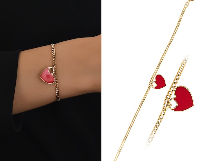 RED HEART BRACELET | Heart Enamel Jewelry with 14k Gold Curb Chain Charm Bracelet | handmade jewelry | Valentine's Day Gift