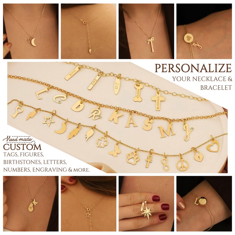 May include: A collection of gold necklaces and bracelets featuring a variety of charms, including letters, symbols, and figures. The charms are customisable and can be personalised with names, dates, or other meaningful details. The text "PERSONALIZE YOUR NECKLACE & BRACELET" is displayed above the jewellery.