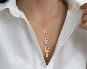 14k Gold LARGE Ankh Cross Pendant | Dainty Ankh Charm Necklace, Pharaoh Symbol of Life Necklace, Minimal Handmade Fine Jewelry, Gift for Her