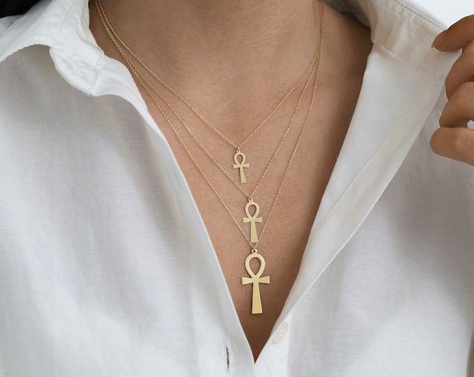 14k Gold LARGE Ankh Cross Pendant | Dainty Ankh Charm Necklace, Pharaoh Symbol of Life Necklace, Minimal Handmade Fine Jewelry, Gift for Her