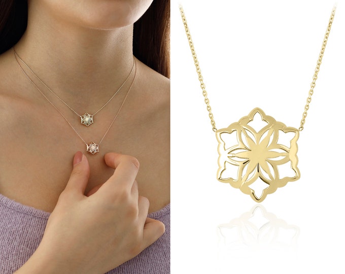 14k Gold Snowflake Pendant | Minimalist Necklace, Puffy Dainty/Large Pendant, Winter Necklace, Bridesmaid Gift, Christmas Gift, Gift for Her