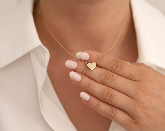 14k Gold Flat Heart Necklace | Engravable Heart Shaped Pendant, Minimalist Love Necklace, Dainty Jewelry, Valentines Day Gift, Gift for Her