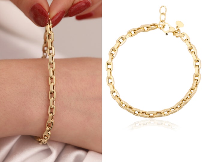 14K Gold Thick Square Chain Bracelet | Fashionable-Heavy Jewelry, Chunky Bracelet, Sturdy Jewelry, Bold Versatile Bracelet, Gift For Her