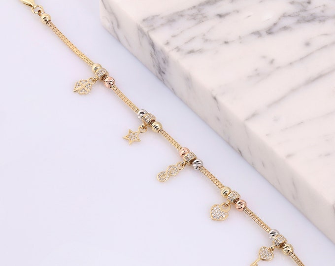 14K Gold Charm & Franco Mesh Chain Bracelet | Italian Tube Chain w/ Key, Star, 4 leaf Clover, Heart Charm, Minimalist Jewelry, Gift for Her
