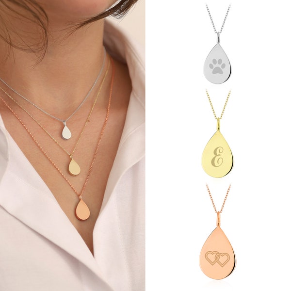 Flat Teardrop Urn Necklace | 14k & 10k Gold Drop Urn Pendant for Dad Mom Ashes, Engraved Drop Cremation Necklace, Memorial Gift for Pet Loss