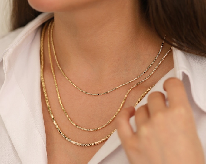14k Gold Popcorn Mesh Chain Necklace | 3mm Round Mesh Woven Tubular Chain, Vintage Design Popcorn Necklace, Gold Unisex Chain, Birthday Gift