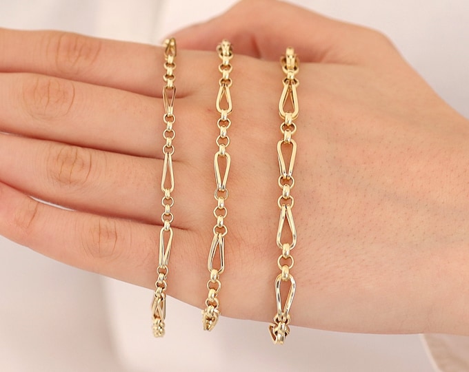 14k Gold Barleycorn & Rolo Chain Bracelet | Vintage Look Wheat Chain with Rolo Links, 4mm Rolo Chain, Multi Chain Bracelet, Gift for Her