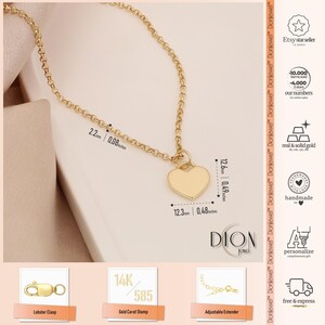 14k Gold Flat Heart Necklace | Rolo Chain Dainty Layering Pendant, Minimal Charm image 4
