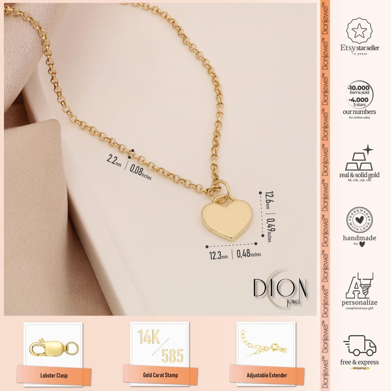 14k Gold Flat Heart Necklace | Rolo Chain Dainty Layering Pendant, Minimal Charm image 4