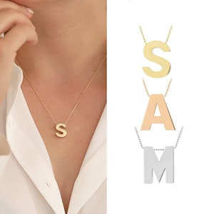Collar con letra inicial de oro de 14k/10k, collar con alfabeto 3D, colgante de letra personalizado, joyería con nombre, regalo para novia, regalo para ella