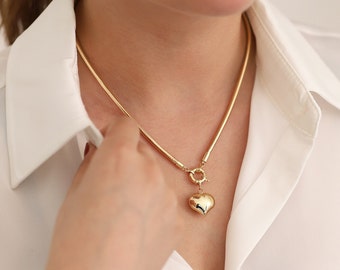 Omega Chain Sailor Lock Heart Charm Necklace | 14k Gold Hollow Snake Chain Necklace Fine Jewelry | Puffed Heart Pendant | Gift for Her