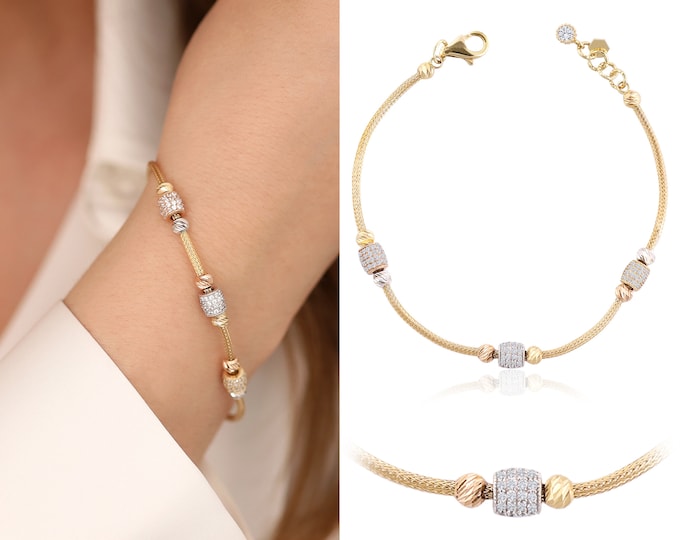 14K Gold Italian Tube Chain & Laser Cut Beaded Bracelet |  Franco Mesh Chain w/ CZ Gemstone Jewelry, Thin Bracelet, Graduation Gift