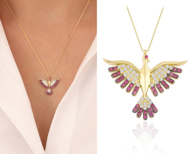 14K Gold Pink Ruby Phoenix Necklace | Small Firebird Pendant, Minimalist Blue Turquoise Simurgh Charm Pendant, Fine Jewelry, Graduation Gift