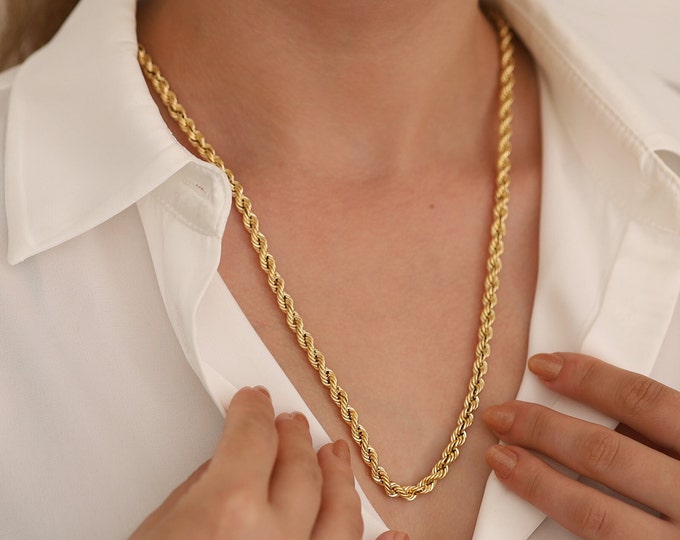 14k Gold 5mm Rope Chain Necklace | Vintage Design Twisted Chain Necklace, Fine Unisex Chain, Elegant Jewelry, Graduation Gift, Gift for Her