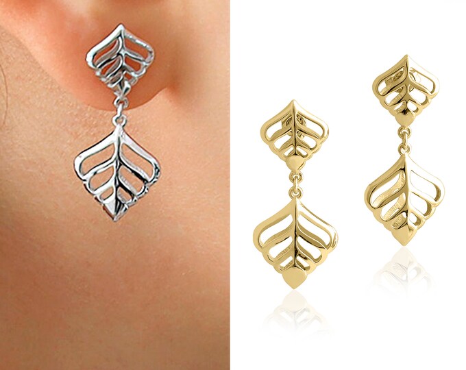 14k Gold Leaf Shaped Dangling Earrings | Dainty Earring, Autumn Jewelry, Minimalist Handmade Filigree Earrings, Christmas Gift, Gift for Her