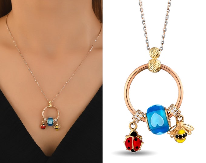 Ladybug Bee Ring Pendant | 14k Gold Necklace w/ Murano Venetian Art Blue Loop, Ladybug and Honeybee Charms | Valentine's Day Gift