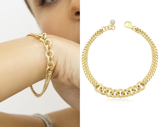 14k Gold Double Curb Chain Bracelet | Circle Link Chain, Lobster Claw Lock, Minimal Design Round Link Handmade Bracelet, Anniversary Gift