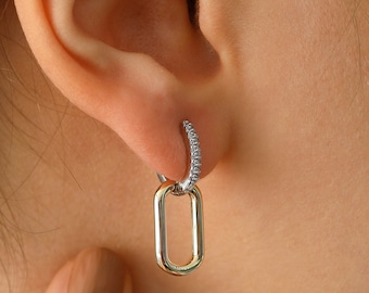 14k Gold Oval Dual Hoop Earrings | CZ Halo Two-Tone Dangling