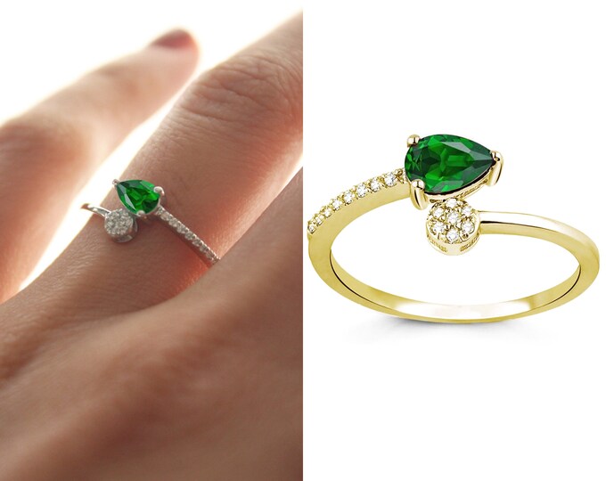 Emerald Ring 0,45ct Gold | Diamond Engagement Ring, Vintage Jewelry, Dainty Diamond Curved Ring, Handmade Jewelry Gift for Her, Vintage Ring