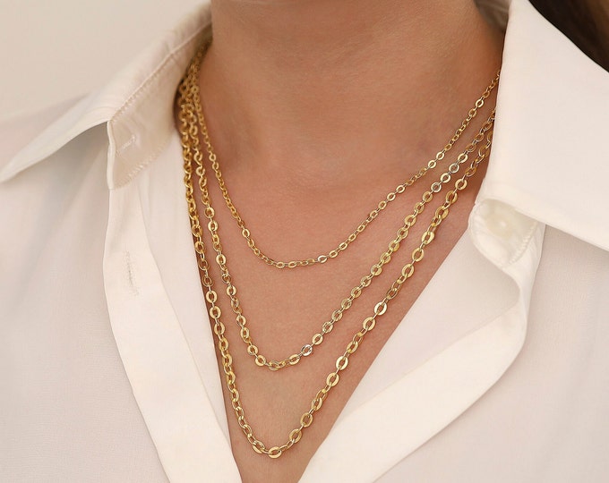 14k Gold 4mm Flat Oval Cable Chain Necklace | Shiny Cable Chain, Sleek Chain Necklace, Chic Gold Jewelry, Graduation Gift, Gift for Daughter