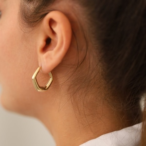 14k Gold Hexagon Hoop Earrings | Geometric Huggie Earrings Jewelry