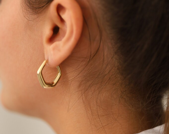 14k Gold Hexagon Hoop Earrings | Hexagonal Huggie Earrings, Bold Hoop Earrings, Geometric Dome Earrings, Statement Jewelry, Anniversary Gift