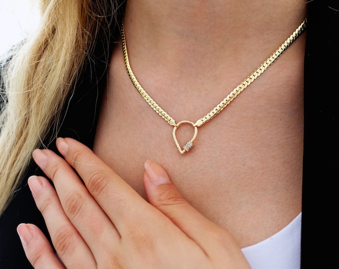 14k Gold Diamond Carabiner Lock | Enhancer Pendant Clasp, Herringbone Snake Chain
