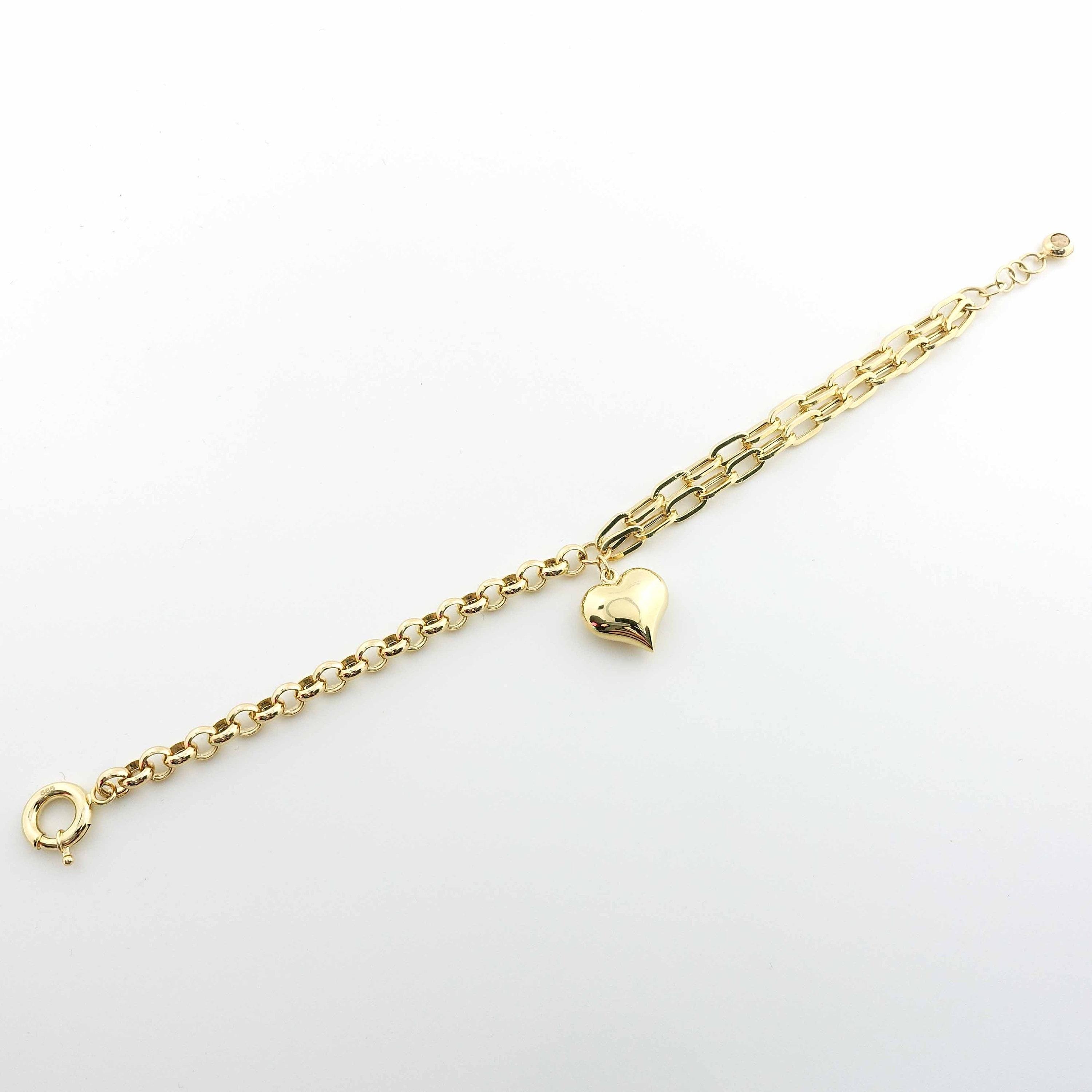 14k Gold Double Staple Link Thick Bracelet W/ Puffed Heart