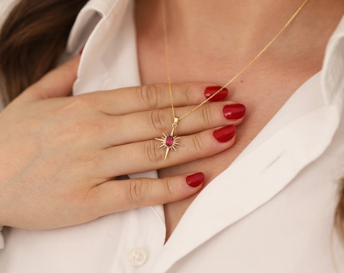 14K Gold Ruby North Star Necklace | Passion And Love Jewelry, Assertiveness Necklace, Protection Talisman, Combat Fatigue, Graduation Gift