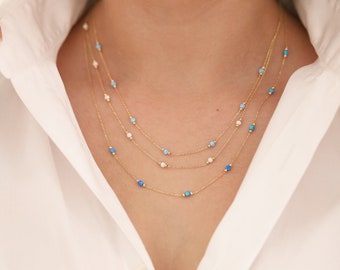 14k Gold Opal Round Necklace | Dark Blue White October Birthstone Jewelry