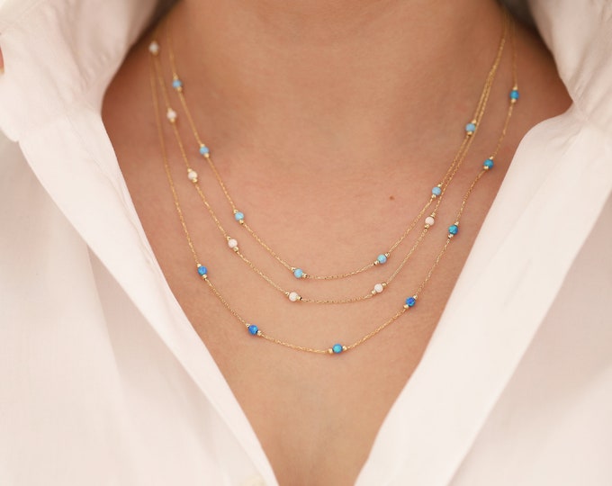 14k Gold Dark Blue Opal Round Necklace | White & Light Blue Opal Beaded Necklace, October Birthstone, Elegant Zodiac Jewelry, Gift for Her