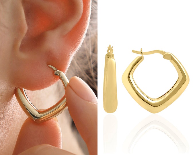 14k Gold Bold Oval Triangle Hoop Earrings | Chubby Huggie Earrings, Geometric Earrings, Valentines Day Gift, Birthday Gift, Gift for Her
