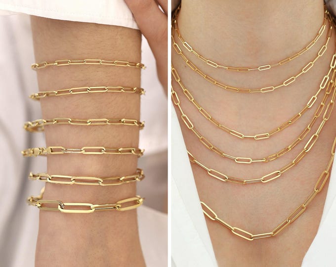 14k gold paperclip chain necklace, bracelet | 3mm to 6mm paperclip chain, 6" to 25"  elongated link chain, stacking jewelry, gift for her