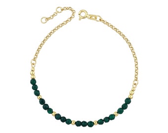 Green Jade Beaded 14k Gold Bracelet | Feng Shui, Honesty, Luck, Happiness & Love Rolo Link Bracelet, September Birthstone | Christmas Gift